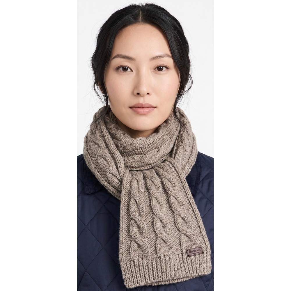 Barbour England Cable Knit Jesmond Scarf Grey Leather Logo Patch British